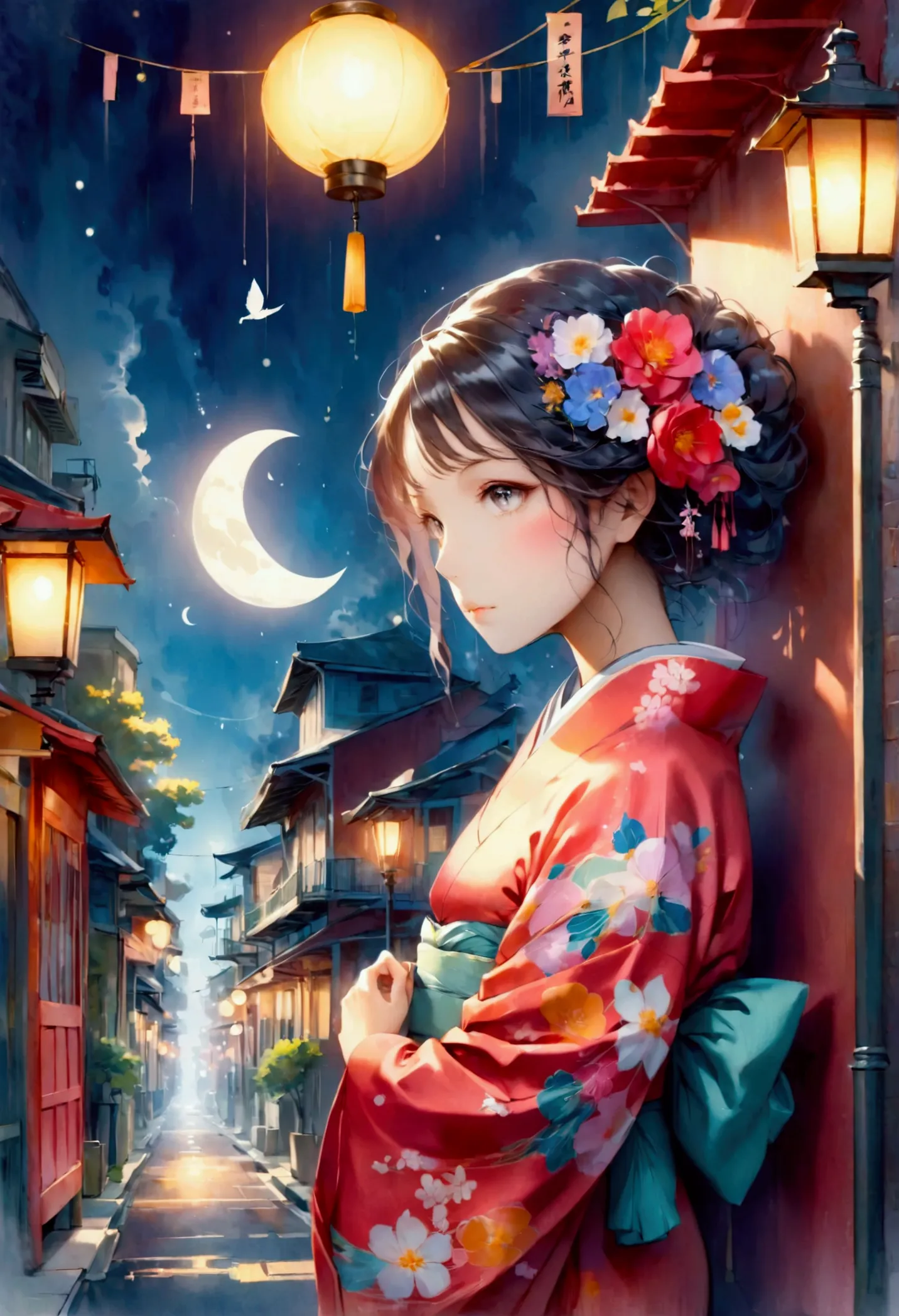 studio ghibli style、under the crescent moon、new orleans street corner、beautiful japanese woman in a kimono leaning against a gas...