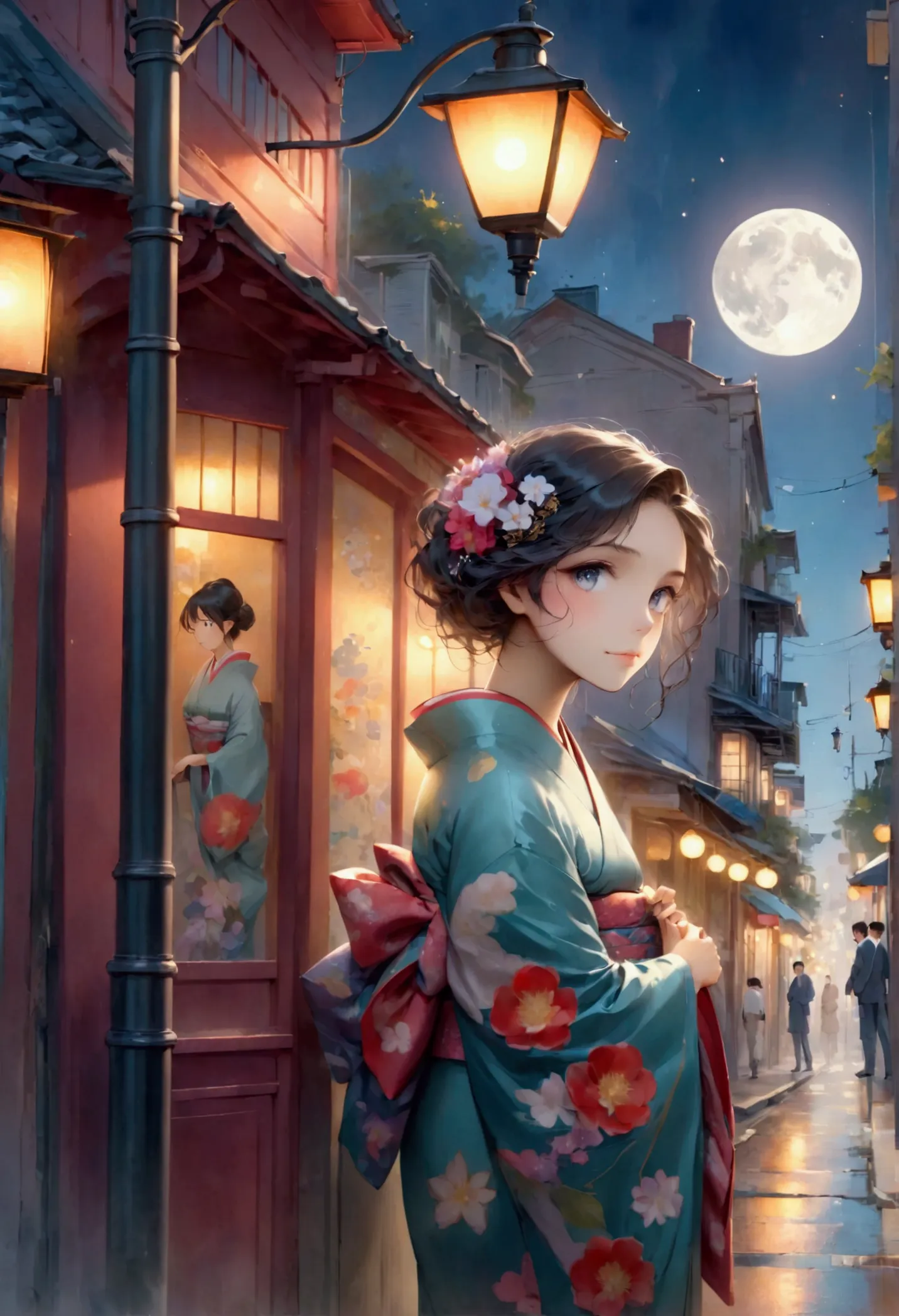 studio ghibli style、under the crescent moon、new orleans street corner、beautiful japanese woman in a kimono leaning against a gas...