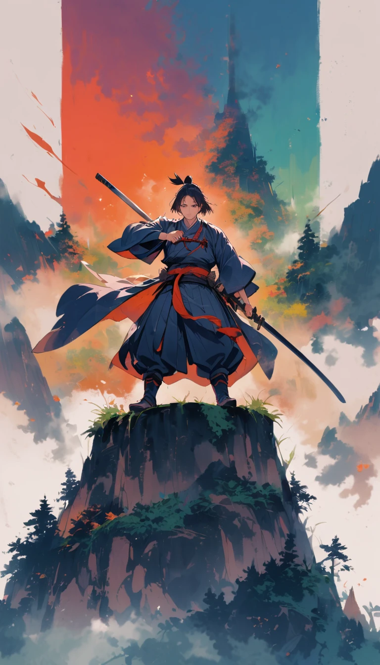 A male figure, Minamoto no Yoshitsune, in traditional warrior attire, standing on a mountain peak, facing a mythical tengu. The background is a mystical mountain landscape with mist and towering trees. Yoshitsune's stance is confident, and the tengu appears wise and powerful. The scene has a magical and mysterious atmosphere.Short hair, topknot,