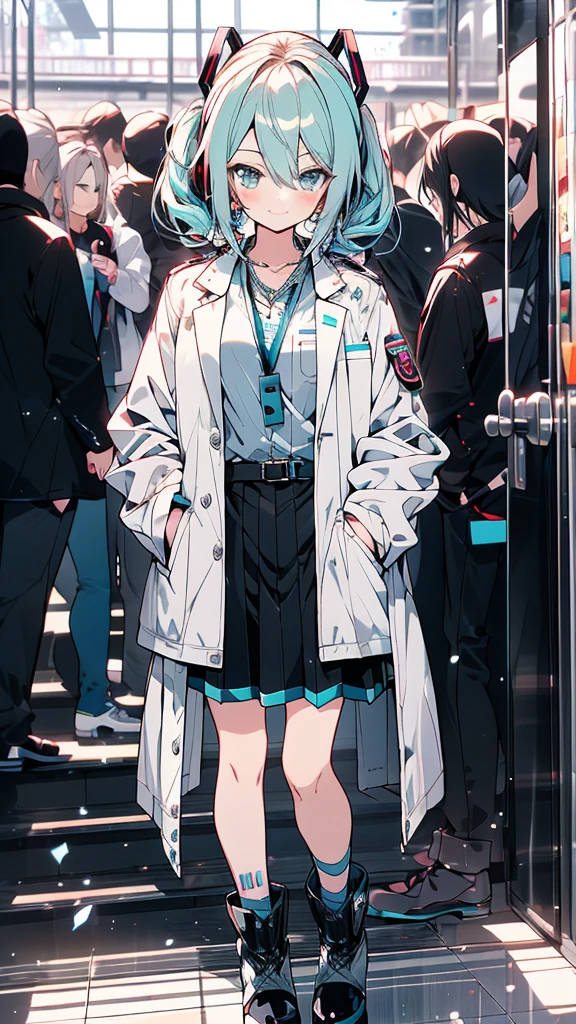 masterpiece,colorful,The best quality at its best,solo,One girl,boots,Green Eyes,High resolution,View your viewers,Stand on your own two feet,White coat,(uniform:1.3),Put your hands in your pockets, 長い青い髪と白いシャツと黒いスカートを着たAnime, hatsune miku, Portrait of hatsune miku, hatsune miku short hair, Vocaloid, Hatsune Miku portrait, friend, Mikudayo, 青緑色の髪のAnime, hatsune miku cosplay, Hatsune Miku's Face, Animeスタイル4 K, Anime, 魅力的なAnime