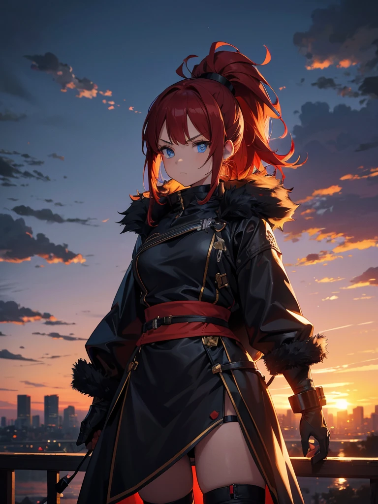 Cityscape, building, Skyline, sunset, Silhouette against a cloud background, meditation. Watching the beautiful sunset, sunset時に, sunset時, sunsetとともに, In the sunset, Nice views, Sunset view, With the sunset, sunset時に, During Golden Hour, looking sunset時に, Sunset in the background, Watching the sunset, Attention,, Very detailed, blue eyes, Redhead, Angry expression,Wearing a black fur jacket, Medium Hair,ponytail, Anime Style, whole body, alone, Stylish Gladiator Girl, I have a rapier,Standing in the Wilderness, 8K high resolution, White Background, The background is a dark and desolate landscape, Horror movie atmosphere. Her figure is very beautiful, Emphasizing the dark and crazy elements. Skillfully expressing the effects of light and shadow, Anime &#39; Line, Mechanized Soldier Girl, &#39; Line style