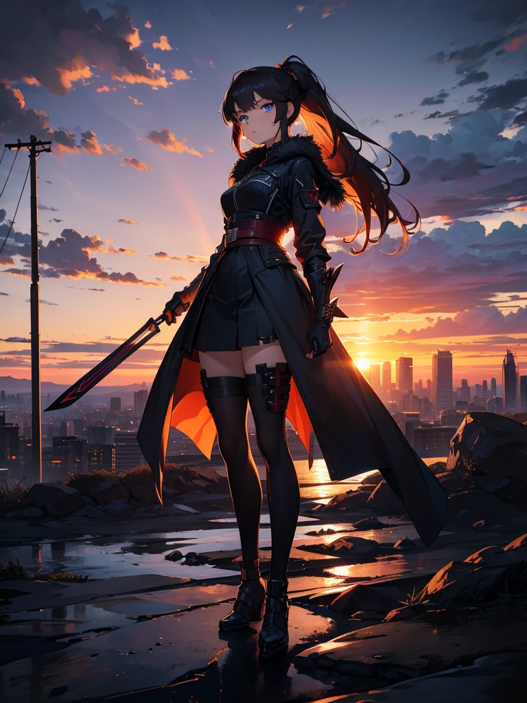 Cityscape, building, Skyline, sunset, Silhouette against a cloud background, meditation. Watching the beautiful sunset, sunset時に, sunset時, sunsetとともに, In the sunset, Nice views, Sunset view, With the sunset, sunset時に, During Golden Hour, looking sunset時に, Sunset in the background, Watching the sunset, Attention,, Very detailed, blue eyes, Redhead, Angry expression,Wearing a black fur jacket, Medium Hair,ponytail, Anime Style, whole body, alone, Stylish Gladiator Girl, I have a rapier,Standing in the Wilderness, 8K high resolution, White Background, The background is a dark and desolate landscape, Horror movie atmosphere. Her figure is very beautiful, Emphasizing the dark and crazy elements. Skillfully expressing the effects of light and shadow, Anime &#39; Line, Mechanized Soldier Girl, &#39; Line style