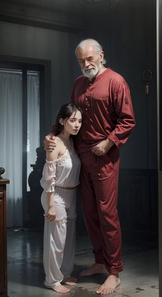 Old man and young girl, old man 80 year old, young girl 18 year old, young girl brow long hair, young girl Naked, Red lips, old man Wearing pijamas, old man carrying young girl standingcouple, full body view, background bedroom.