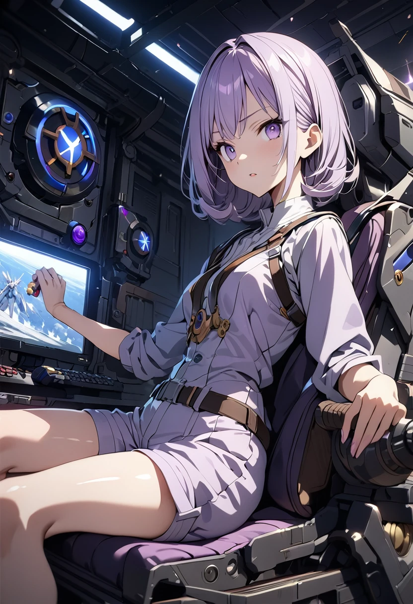 (((masterpiece、High quality, super detailed, 4K))), 1girl, 独奏, light purple hair、light purple eyes、(((Slender)))、lilac shortcut、Shorts、Shiny hair, shiny skin、looking at the camera、surprised, Gundam Wing Cockpit,Joystick,Seat belt,Sitting, masterpiece, Highest quality, Super detailed, High resolution,4K,(Very detailed:1.4) (figure:0.5), (Ray Tracing,:0.8),(Anime Color:0.7),(AI-generated:0.5)