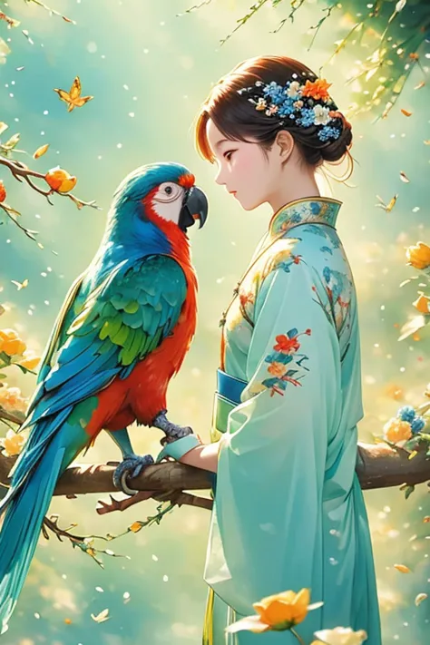 chinese composition, a colorful parrots facing each other, perched on branches, long tail, blue flowers, artwork, white space, c...