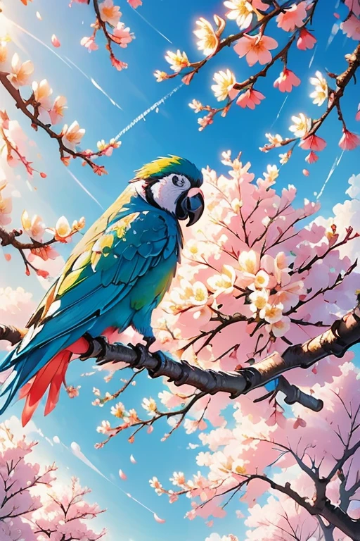 Chinese composition, a colorful parrots facing each other, perched on branches, long tail, blue flowers, artwork, white space, Chinese style, soft tone, low contrast, 2.5 D illustration, SD rendering, best quality, 4K, nature-inspired compositions,