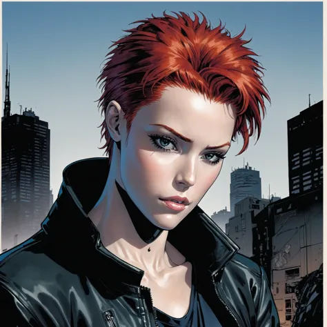 a close up of a person with a red hair and a black jacket, the sandman from graphic novel, comic book character, jason fabok. gr...