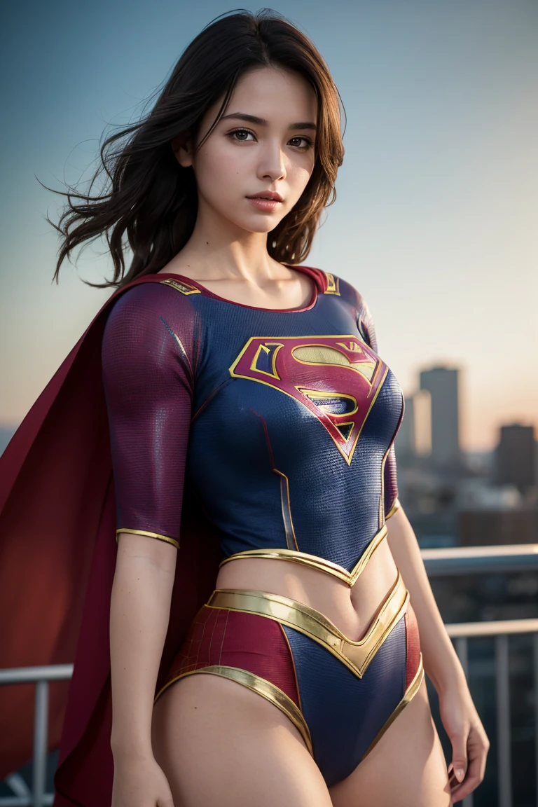 (Photorealistic:1.37), Highest Quality, masutepiece, high resolution, (Healthy skin tone), BREAK, Solo, Cinematic, fighting poses, (She wears DC's Supergirl costume suit:1.2), S mark on chest, Red short skirt, Long Red Cloak, A fearless smile appears on her beautiful face, Elegant, Light brown short hair, Beautiful body like a supple athlete, Very sparkly oily skin, Large breasts, Big hips, plein air, Skyscraper Area, BREAK, Highly detailed beautiful eyes and face, Detailed fabric texture, Insanely detailed realistic skin texture, (Correct body balance), Top-quality lighting that doesn't darken your face when backlit