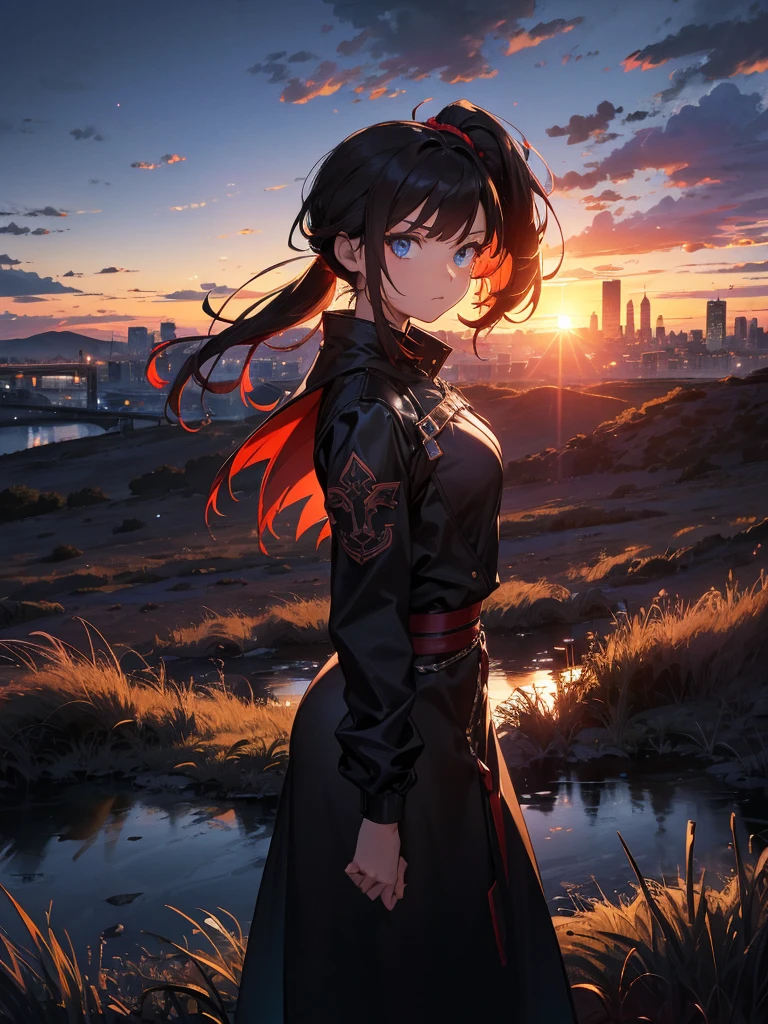 Cityscape, building, Skyline, sunset, Silhouette against a cloud background, meditation. Watching the beautiful sunset, sunset時に, sunset時, sunsetとともに, In the sunset, Nice views, Sunset view, With the sunset, sunset時に, During Golden Hour, looking sunset時に, Sunset in the background, Watching the sunset, Attention,, Very detailed, blue eyes, Redhead, Angry expression,Wearing a black fur jacket, Medium Hair,ponytail, Anime Style, whole body, alone, Stylish Gladiator Girl, I have a rapier,Standing in the Wilderness, 8K high resolution, White Background, The background is a dark and desolate landscape, Horror movie atmosphere. Her figure is very beautiful, Emphasizing the dark and crazy elements. Skillfully expressing the effects of light and shadow, Anime &#39; Line, Mechanized Soldier Girl, &#39; Line style