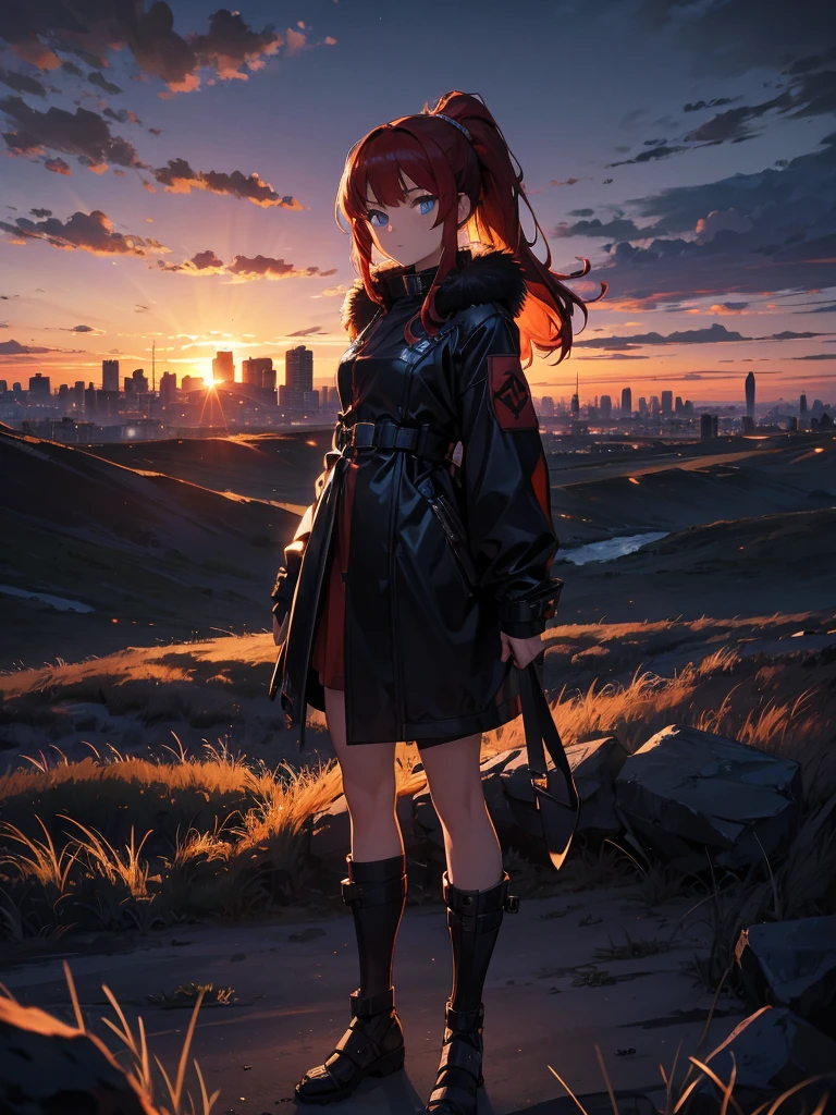 Cityscape, building, Skyline, sunset, Silhouette against a cloud background, meditation. Watching the beautiful sunset, sunset時に, sunset時, sunsetとともに, In the sunset, Nice views, Sunset view, With the sunset, sunset時に, During Golden Hour, looking sunset時に, Sunset in the background, Watching the sunset, Attention,, Very detailed, blue eyes, Redhead, Angry expression,Wearing a black fur jacket, Medium Hair,ponytail, Anime Style, whole body, alone, Stylish Gladiator Girl, I have a rapier,Standing in the Wilderness, 8K high resolution, White Background, The background is a dark and desolate landscape, Horror movie atmosphere. Her figure is very beautiful, Emphasizing the dark and crazy elements. Skillfully expressing the effects of light and shadow, Anime &#39; Line, Mechanized Soldier Girl, &#39; Line style