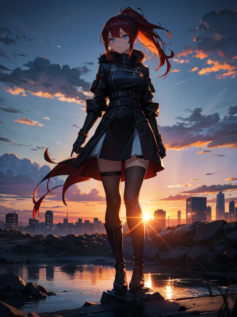 Cityscape, building, Skyline, sunset, Silhouette against a cloud background, meditation. Watching the beautiful sunset, sunset時に, sunset時, sunsetとともに, In the sunset, Nice views, Sunset view, With the sunset, sunset時に, During Golden Hour, looking sunset時に, Sunset in the background, Watching the sunset, Attention,, Very detailed, blue eyes, Redhead, Angry expression,Wearing a black fur jacket, Medium Hair,ponytail, Anime Style, whole body, alone, Stylish Gladiator Girl, I have a rapier,Standing in the Wilderness, 8K high resolution, White Background, The background is a dark and desolate landscape, Horror movie atmosphere. Her figure is very beautiful, Emphasizing the dark and crazy elements. Skillfully expressing the effects of light and shadow, Anime &#39; Line, Mechanized Soldier Girl, &#39; Line style