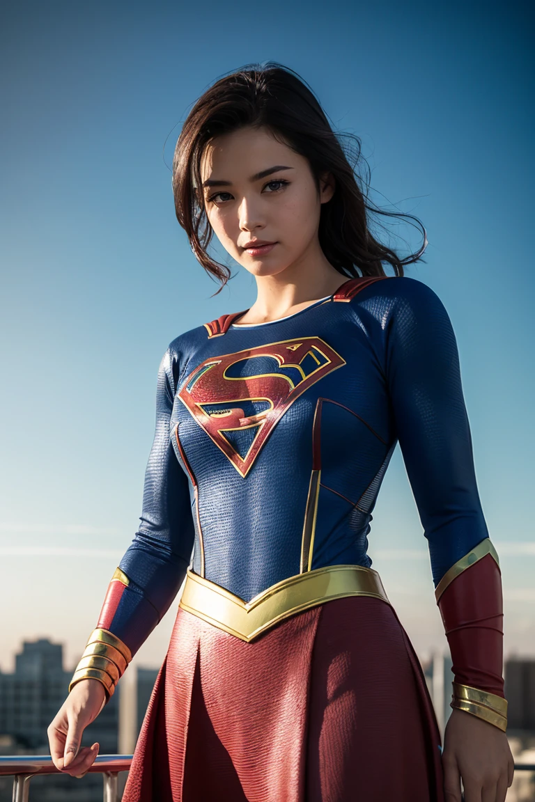 (Photorealistic:1.37), Highest Quality, masutepiece, high resolution, (Healthy skin tone), BREAK, Solo, Cinematic, fighting poses, (She wears DC's Supergirl costume suit:1.2), A fearless smile appears on her beautiful face, Elegant, Light brown short hair, Beautiful body like a supple athlete, Very sparkly oily skin, plein air, Skyscraper Area, BREAK, Highly detailed beautiful eyes and face, Detailed fabric texture, Insanely detailed realistic skin texture, (Correct body balance), Top-quality lighting that doesn't darken your face when backlit