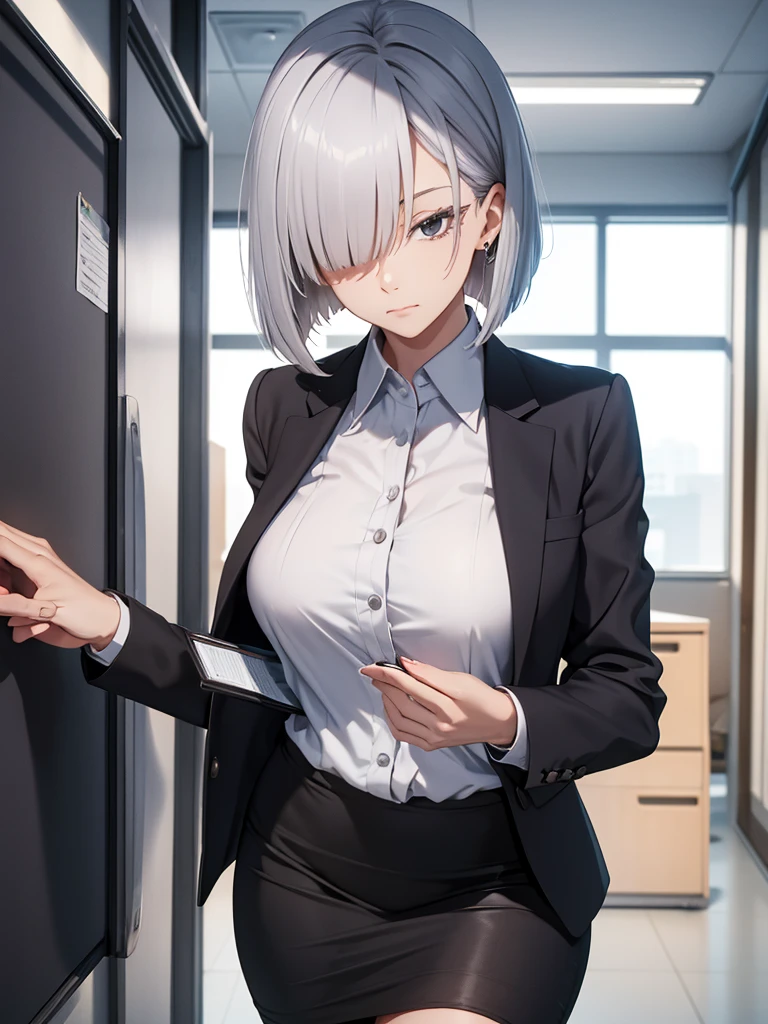  1woman, wearing a office suit, black colour tight skirt, at an office, silver short hair, 8k, high detailed, high quality