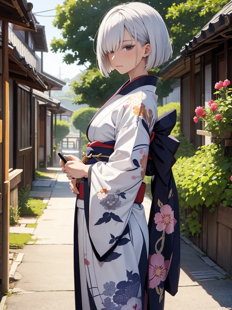  1woman, wearing a long Japanese kimono with flowers art, at a village , silver short hair, 8k, high detailed, high quality