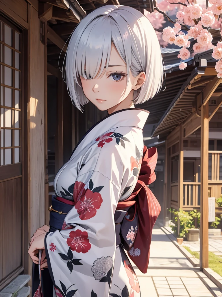  1woman, wearing a long Japanese kimono with flowers art, at a village , silver short hair, 8k, high detailed, high quality