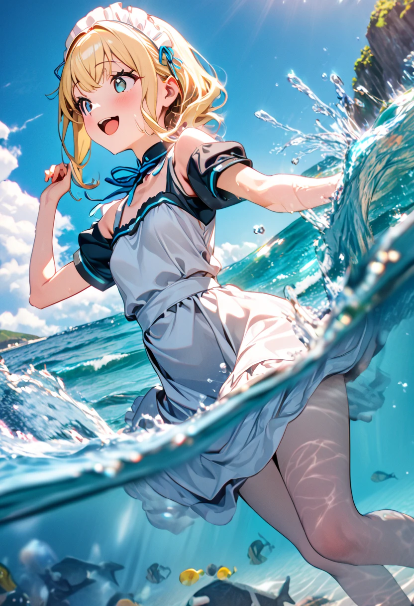 (8k, super high quality, masterpiece), (detailed), One Woman, Small breasts, Blonde, cute, Blue ribbon, エプロンdress, Maid clothes, dress, White apron, Short sleeve, Ocean, Bathing, Submerged in clothes, swim, splash, The best smile, Have fun, Water splashing, Like a child, Get excited, Mouth open, 