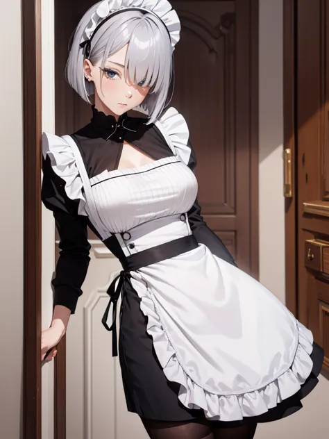 1woman, as a maid, wearing a maid outfit, at a home, silver short hair, 8k, high detailed, high quality