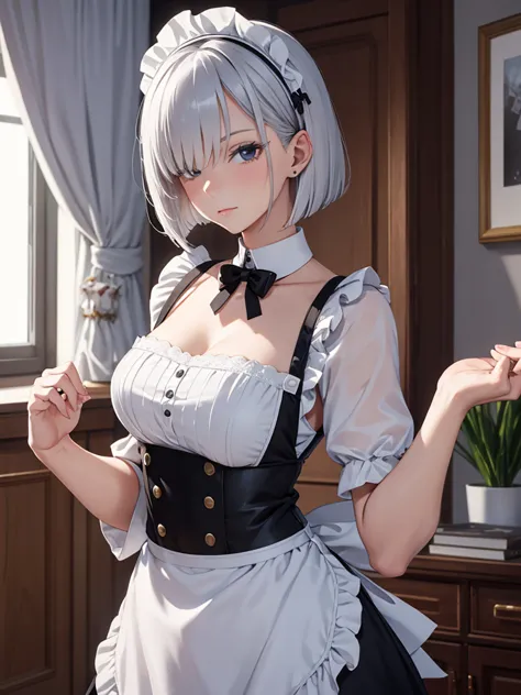 1woman, as a maid, wearing a maid outfit, at a home, silver short hair, 8k, high detailed, high quality