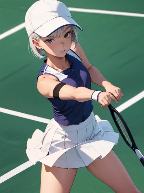 1woman, as a tennis player girl, wearing a tennis girl outfit, with a cap and short tennis skirt, at a tennis court , silver sho...