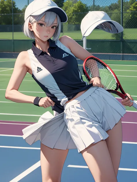 1woman, as a tennis player girl, wearing a tennis girl outfit, with a cap and short tennis skirt, at a tennis court , silver sho...