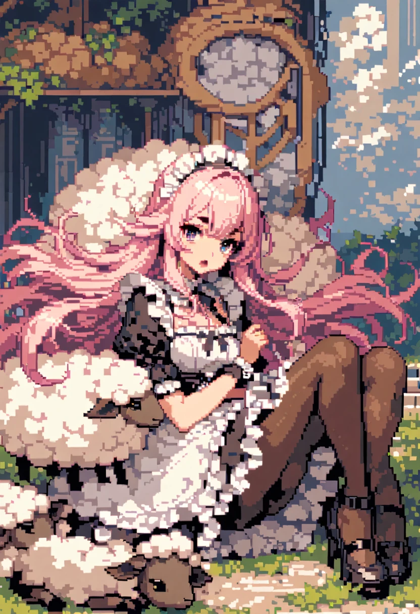 masterpiece, Highest quality, 8k, Beautiful pixel art, Vivid, Sheep, young woman, Open your mouth, ((Fluffy hair)), Long Hair, Hair like sheep's hair, Pink Hair, eyebrow, 太いeyebrow大きな目の人形1体，Maid clothes，pantyhose，Heel