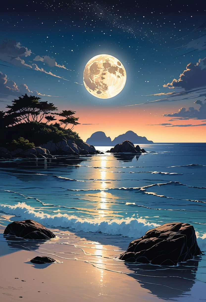 Under the serene glow of a full moon, a tranquil sea stretches out into the horizon. The moonlight casts a silver sheen over the gentle ripples of the water, creating a shimmering path that seems to lead to the moon itself. Soft waves lap at the shore, whispering secrets to the night. In the distance, silhouettes of small islands and rocks break the smooth line of the horizon. The sky is clear, with stars scattered like diamonds. This peaceful nocturnal seascape exudes calm and quiet beauty, inviting contemplation and a sense of wonder.