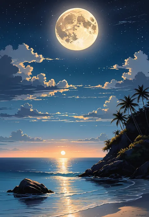 under the serene glow of a full moon, a tranquil sea stretches out into the horizon. the moonlight casts a silver sheen over the...