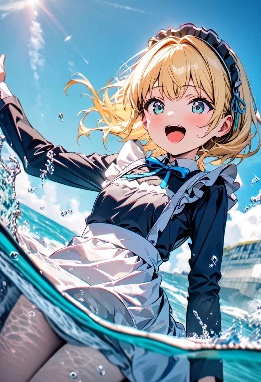 (8k, super high quality, masterpiece), (detailed), One Woman, Small breasts, Blonde, cute, Blue ribbon, Slightly longer length, エプロンdress, Maid clothes, dress, White apron, Long sleeves, Ocean, Bathing, Submerged in clothes, swim, splash, The best smile, Have fun, Splashing water, Like a child, Get excited, Mouth open, View your viewers, 