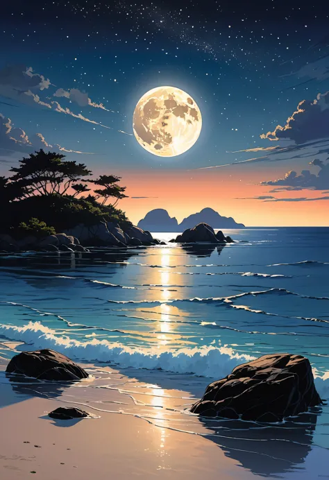 under the serene glow of a full moon, a tranquil sea stretches out into the horizon. the moonlight casts a silver sheen over the...