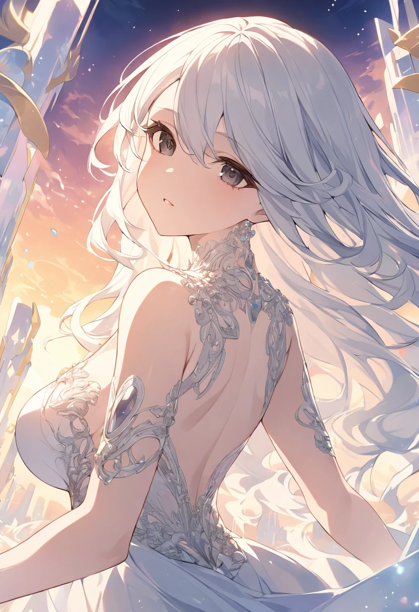 High resolution RAW color art, Vigor,sculpture, silver marble skin, (((Highly detailed elegance))), magical atmosphere, detailed skin, group,(elaborately crafted, to the finer details, very detailed art), depth of written boundaries, bokeh, silky touch, hyper detail,,euphoria, one girl,An anime girl with long white hair and dark black eyes wearing a white dress., black eye,beautiful eyes, Graceful face, Magic City, Sunrise, upper body, (big ass, View below), under the chest