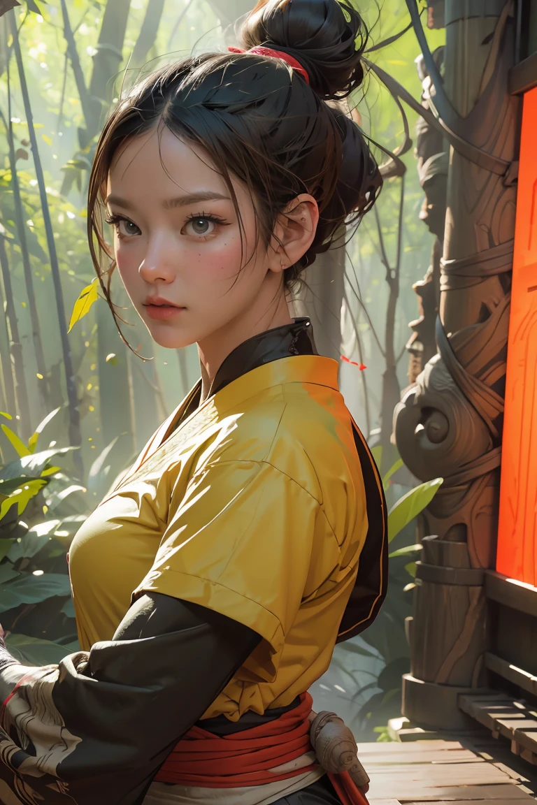 bamboo forest background，appearance of determination，Bright and colorful octane display, Cybernetic and highly detailed., Loba Andrade from apex legends, Built in unreal engine 5, Built in unreal engine 5, Trends on the engine that are not true 5, ancient portrait, Martial arts fantasy style 8k octane rendering, Displays results in an unrealistic format 5, Rendered with high octane