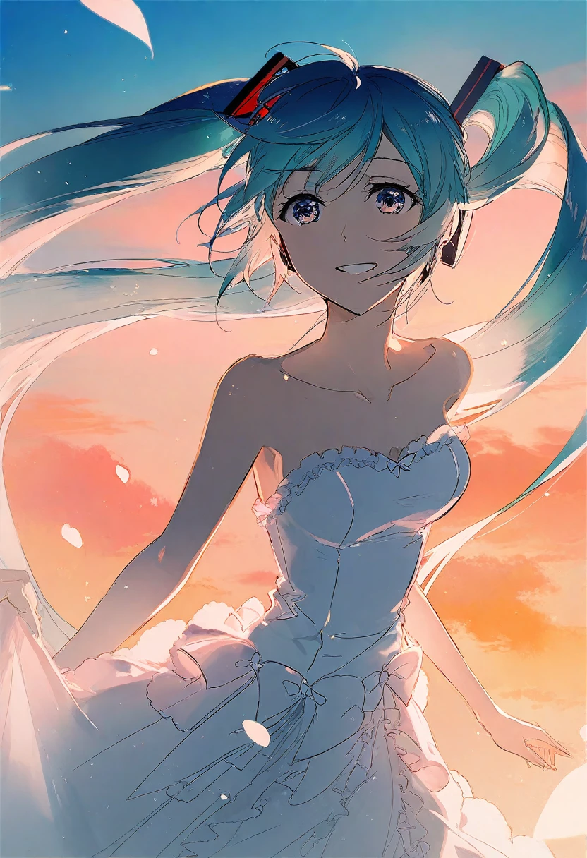 Writer: Rella, Writer: dsmile9, break
watercolor,
break
hatsune_Miku, alone, chapped lips, detailed face, detailed eyes, detailed hair, wind effect, 
break
dutch angle,
break
strapless, bare shoulders, clavicle, ruffle wedding dress, inspired by Atsushi Nishigori (Character Designer),
break
Delightful,
break
(a clear blue sky), 
break
 [Clean color:cell shading:0.6],
break
beautiful, aesthetic, detailed, beautiful colors, amazing quality,