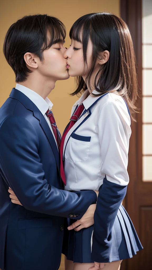 ((masterpiece, Highest quality, High resolution)), Japanese high school girl and her father kiss、(Realistic: 1.4), Embarrassed、Closed eyes、close your eyes、Closed Mouth、Shut your mouth.、Great face,Glossy Lips、15 years old, short hair、(Beautiful Hair:1.5), Japanese High School Uniform、(Navy Blue Blazer、Navy blue jacket)、(White dress shirt)、(Red tie)、(Navy blue mini skirt、Beautiful legs)、At the bed、((Kissing his father on the lips、kiss my lips))、Detailed and real fingers、Smooth, Highly detailed CG composite 8K wallpaper, High resolutionのRAWカラー写真, Professional photography, Light, BackLight, dream-like, impressive, Written boundary depth, (Face close-up:1.2)