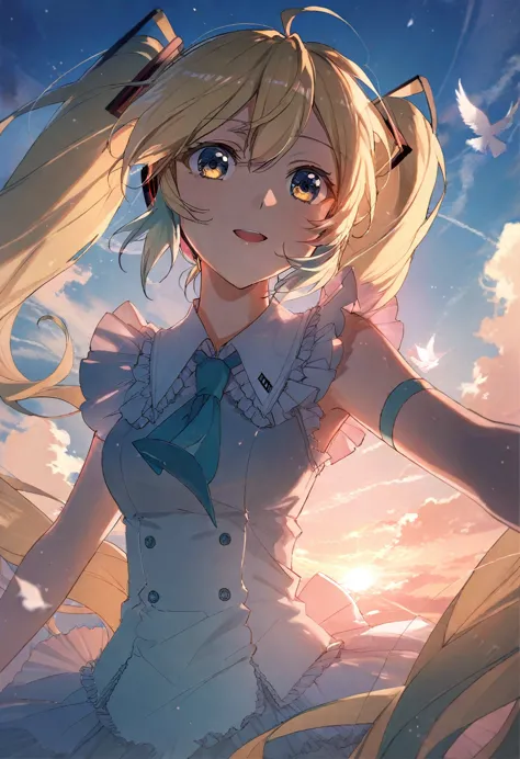 blonde twentails, miku hair, beautiful sky, fluttering clothes, detailed eyes, high quality, beautiful face