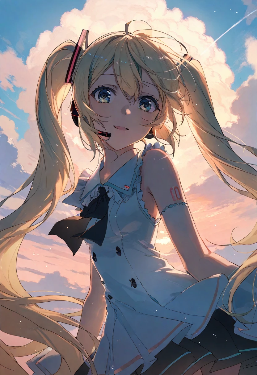 Blonde Twentails, Miku hair, beautiful sky, fluttering clothes, detailed eyes, high quality, beautiful face