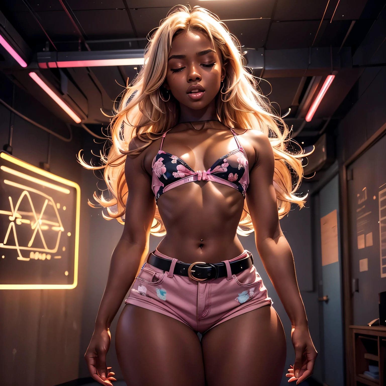 in classroom, (18 years old), (dark skin), dark skin, wide shot, blond hair, orgasm, (floral bra, pink shorts with belt), (Masterpiece, Professional lighting, 16k, 8k wallpaper, raw photo, photorealistic:1.8, ultra detailed, natural lighting, detailed skin sexy pose, open mouth, big lips, night time, eyes closed, magic energy, neon light, orgasm, screaming,narrow shoulders, thick thighs