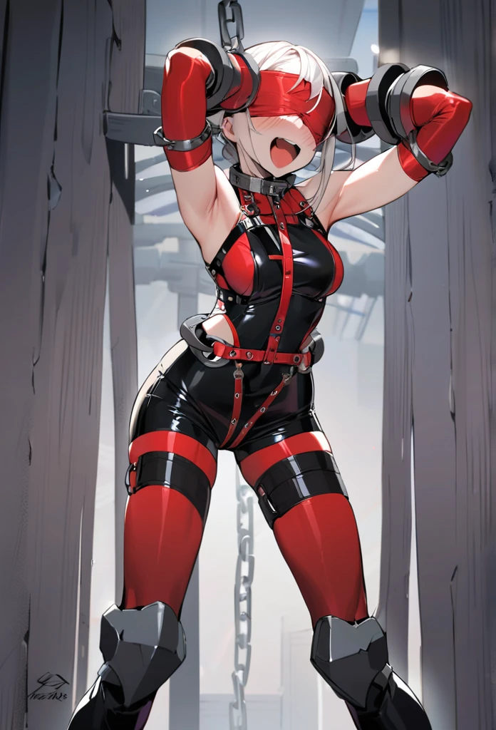 (masterpiece, best quality), intricate details, 1girl, Cammy White from Street Fighter (standing full body toe to head by wooden pole:1.2) iron collar, arms behind back, iron cuffs, shackles, bound, bondage outfit, harness, o-ring, bondage outfit blindfolded cover eyes, happy red cheeks, chain leash collar choker neck bell shackles wristbands bracers bracelets, cleave gag, tickled her armpits by machanical hands, laughing maniacally laughter, screaming with laughter