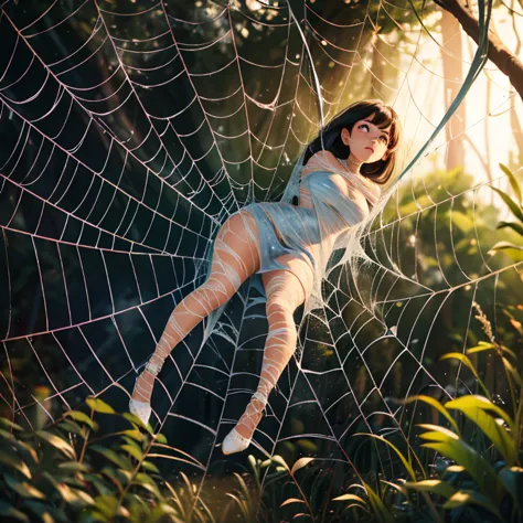 a girl with frightened eyes,caught by surprise,desperate look,flying hair,entangled in the sticky spider web,trying to break fre...