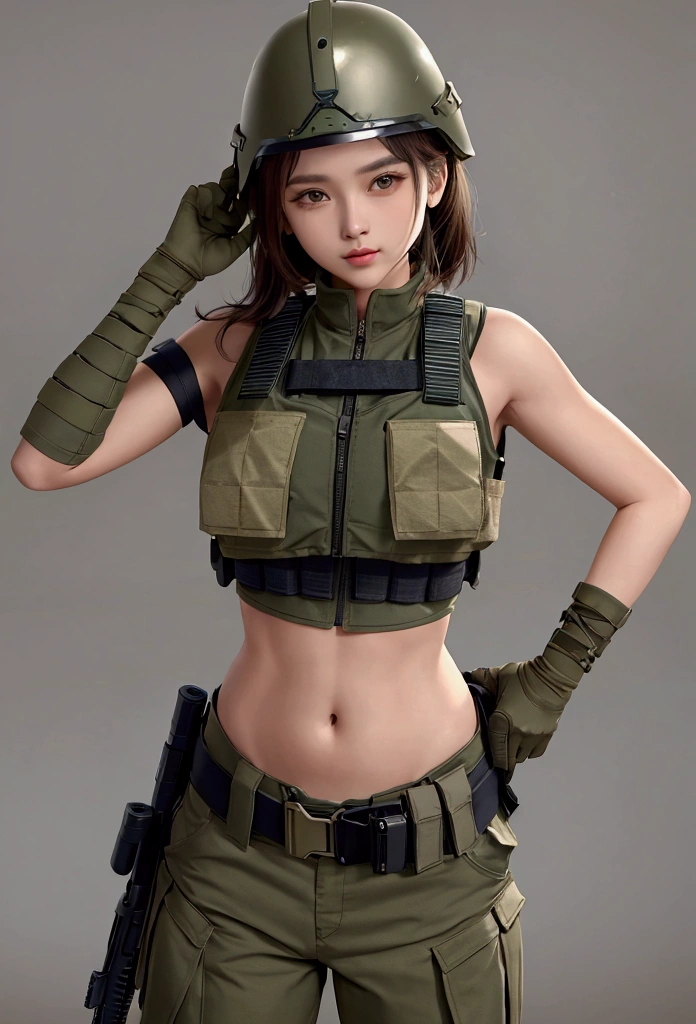 girl in crop top military bulletproof vest , military green cargo pants, belt, military helmet, tactical, (open navel), 