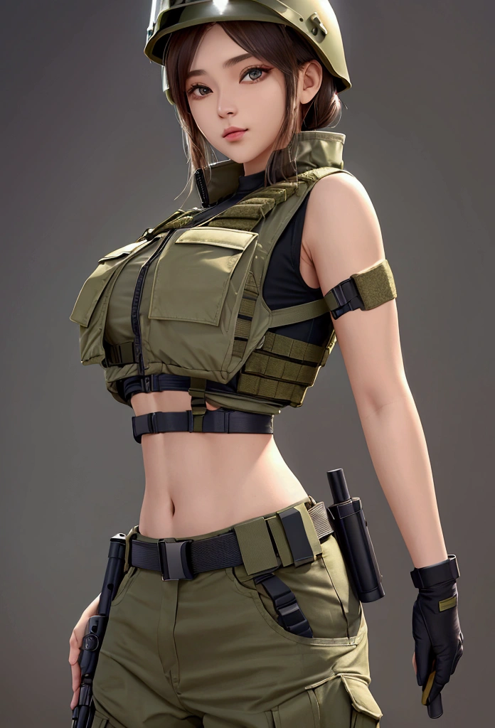 girl in crop top military bulletproof vest , military green cargo pants, belt, military helmet, tactical, (open navel), 