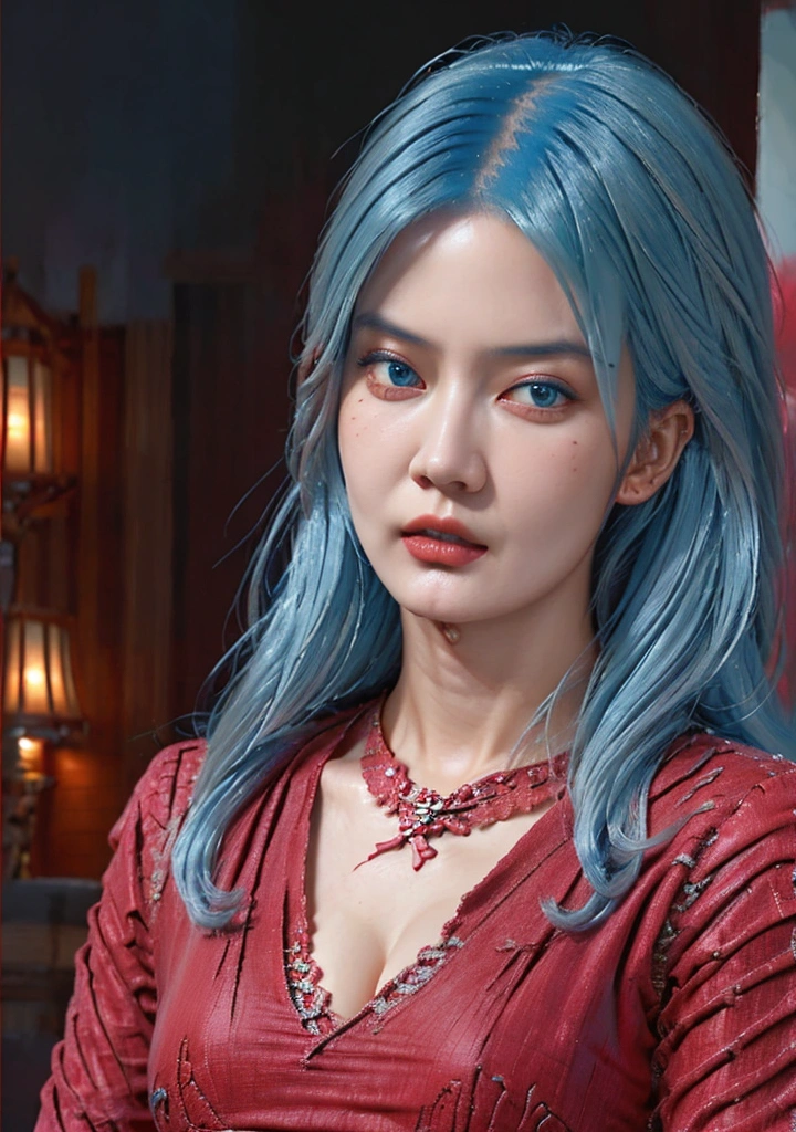 a woman with long pastel blue hair, dark eyes, wearing red ninja clothes, detailed face, elegant pose, highly detailed, intricate details, beautiful portrait, dramatic lighting, cinematic composition, vibrant colors, digital painting, concept art style, photorealistic, 8k, masterpiece