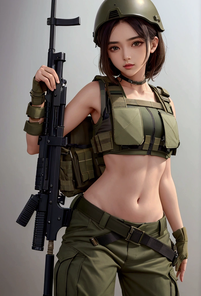 girl in crop top military bulletproof vest , military green cargo pants, belt, military helmet, tactical, (open navel), 