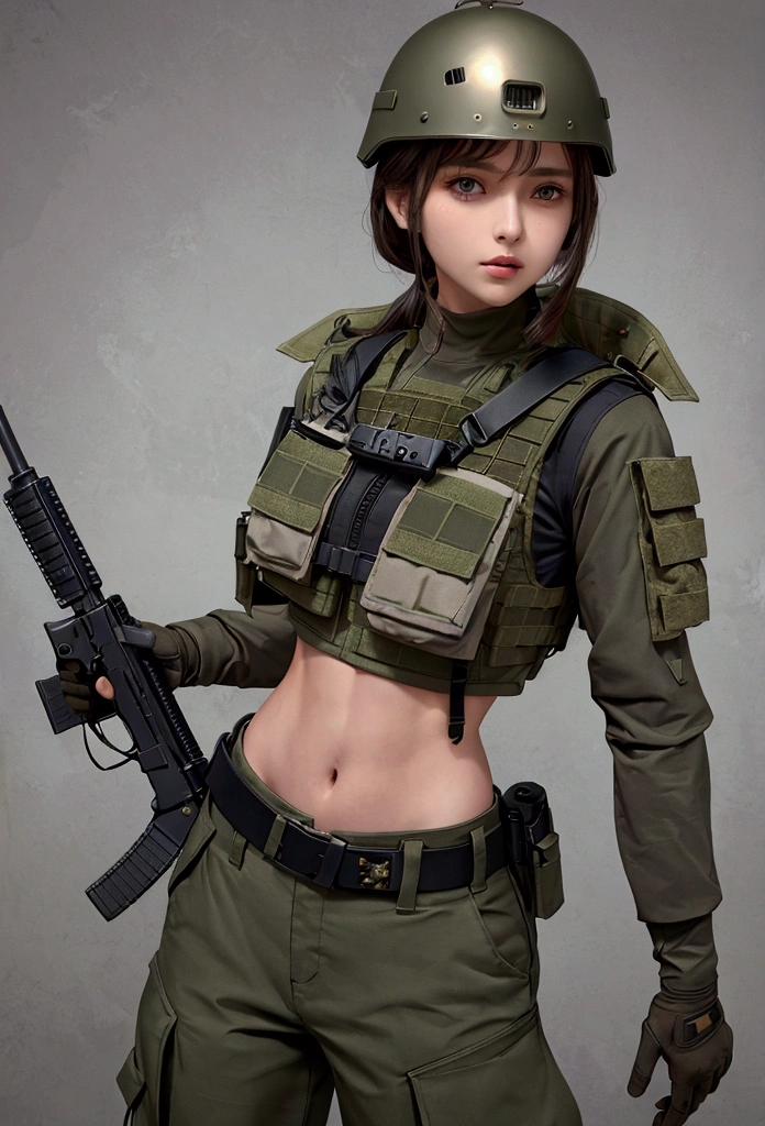 girl in crop top military bulletproof vest , military green cargo pants, belt, military helmet, tactical, (open navel), 