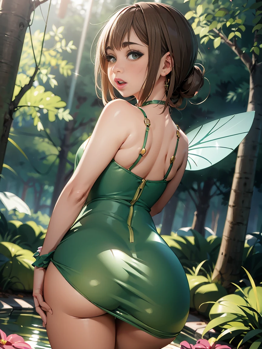 Riley Reid from Tinker Bell (Disney character), Realistic, Dynamic Lights, ((highest quality)), ((masterpiece)), (detailed), Ultra HD, Very Detailed CG Unified 8k Wallpaper, (Cinema lighting), (Anime illustration), 1 girl, sports body, Perfect Face, detailed, (full shot), Tinker Bell is a tiny fairy with translucent wings, sparkling green eyes. She wears a short green dress made of leaves, and her skin has a magical glow. Her wings are delicate and shimmer as she flies gracefully, looking at viewer, cowboy shot, low angle, from behind, big ass naked, realistic hands, detailed hands, perfect anatomy, clean details, high quality, sharp focus, Photorealistic Photorealism, background a magical forest with towering trees, glowing moss, and colorful flowers. Sunlight filters through the leaves, reflecting on a sparkling stream. Pixie dust and fireflies float in the air, with a tiny fairy house nestled among the tree roots.
