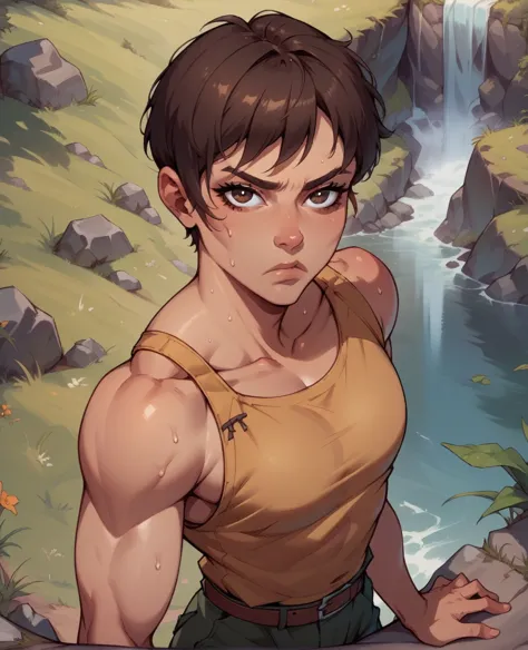 score_9,score_8_above,score_7_above,
xl waterfall,brown eyes,brown hair,short hair, serious,to camp,plains,looking at the viewer...