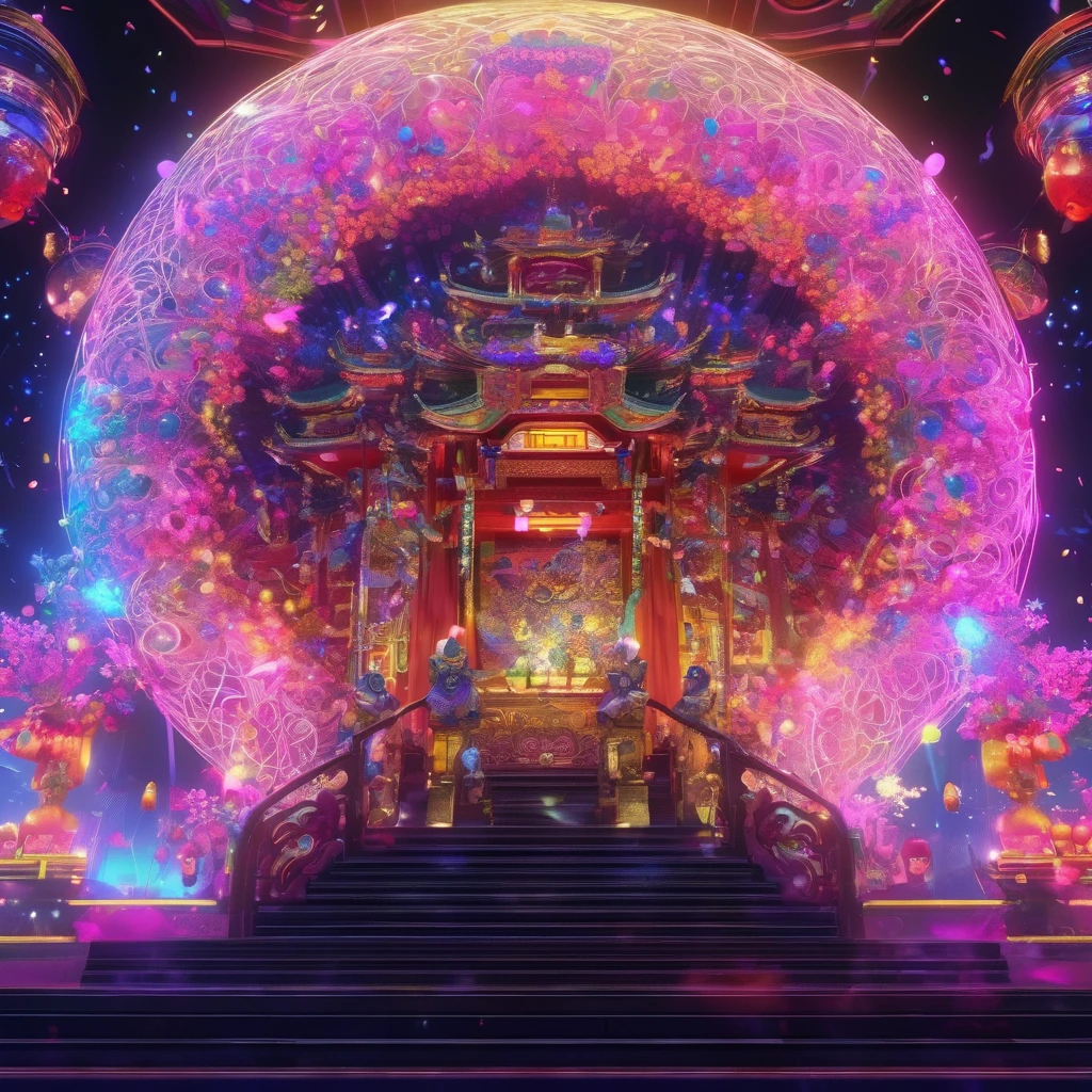 Noh theater、神楽舞This is a high-quality 4K masterpiece CG image featuring highly detailed and intricate designs.。Intricate details、，In the center is an unknown creature.、Background is in neon pop abstract art style、Cinema Lighting、A lot of bubbles flowing in detail、It features slowly moving notes。Surrounded by ultra-fine glowing particles overall、Focus on happiness and dynamic background elements、It&#39;s a vivid and complex image.。