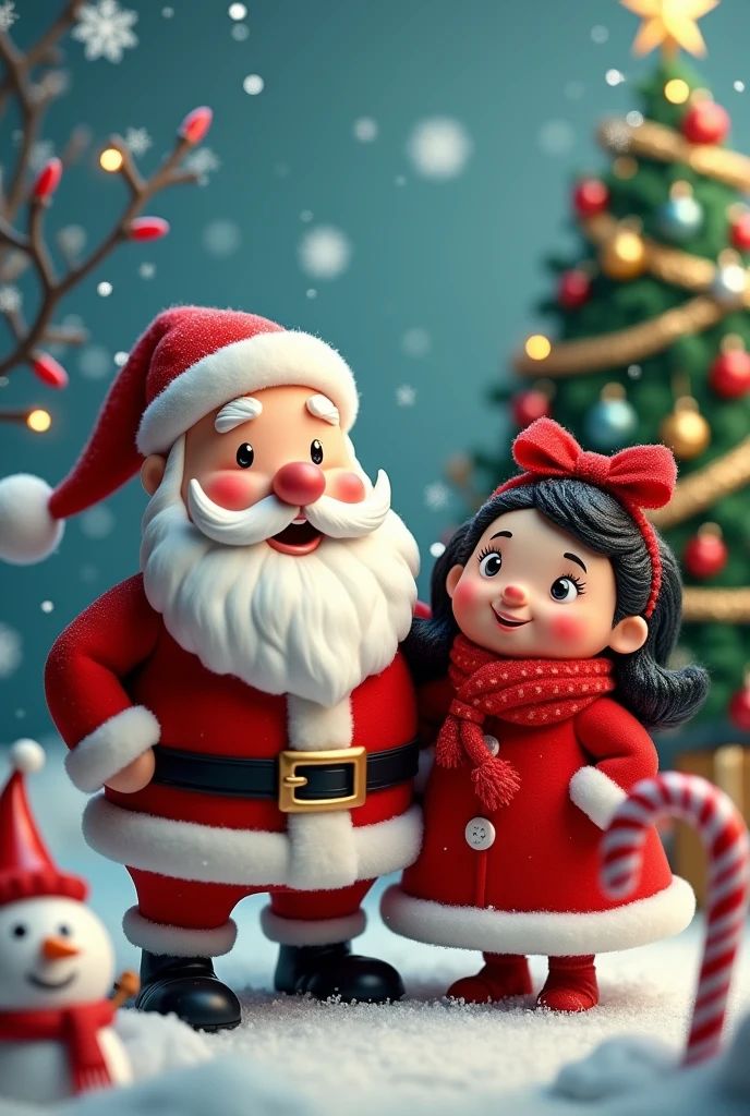 Santa Claus with his chubby wife black hair candy canes snowman snowflakes Christmas tree 