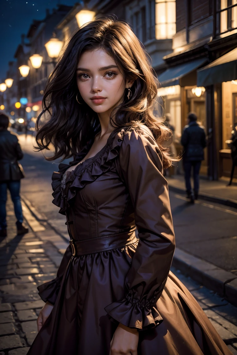 masterpiece, highest quality, 8k high quality photo, cinematic lighting, deep shadow, 1girl, gorgeous face, fearless smile, smooth soft parl skin, light-blown medium wavy hair, looking into camera, (standing on european street), model posing, front view,((cowboy shot)), (long sleeves frilled dress:1.2), at late night, ((night:1.5))
