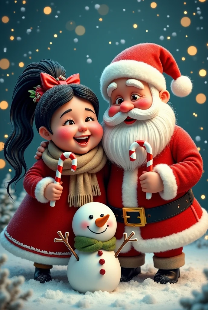 Santa Claus with his chubby wife black hair candy canes snowman snowflakes 