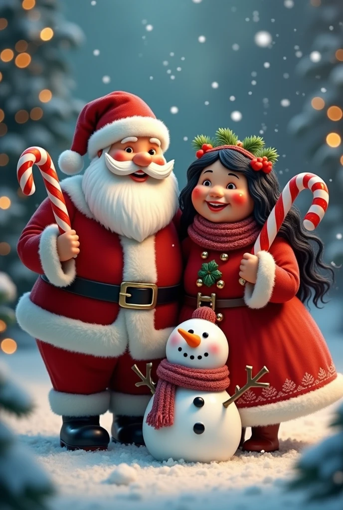 Santa Claus with his chubby wife black hair candy canes snowman snowflakes 